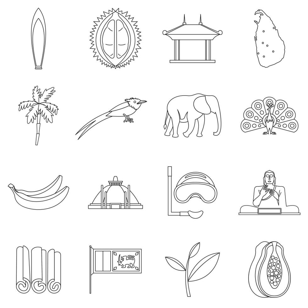 conjunto de iconos de viaje de sri lanka, estilo de esquema vector