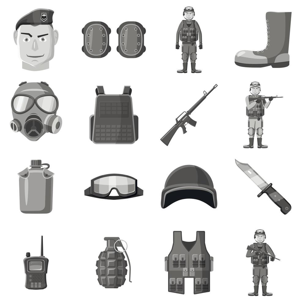 conjunto de iconos de equipo militar estilo monocromo gris vector