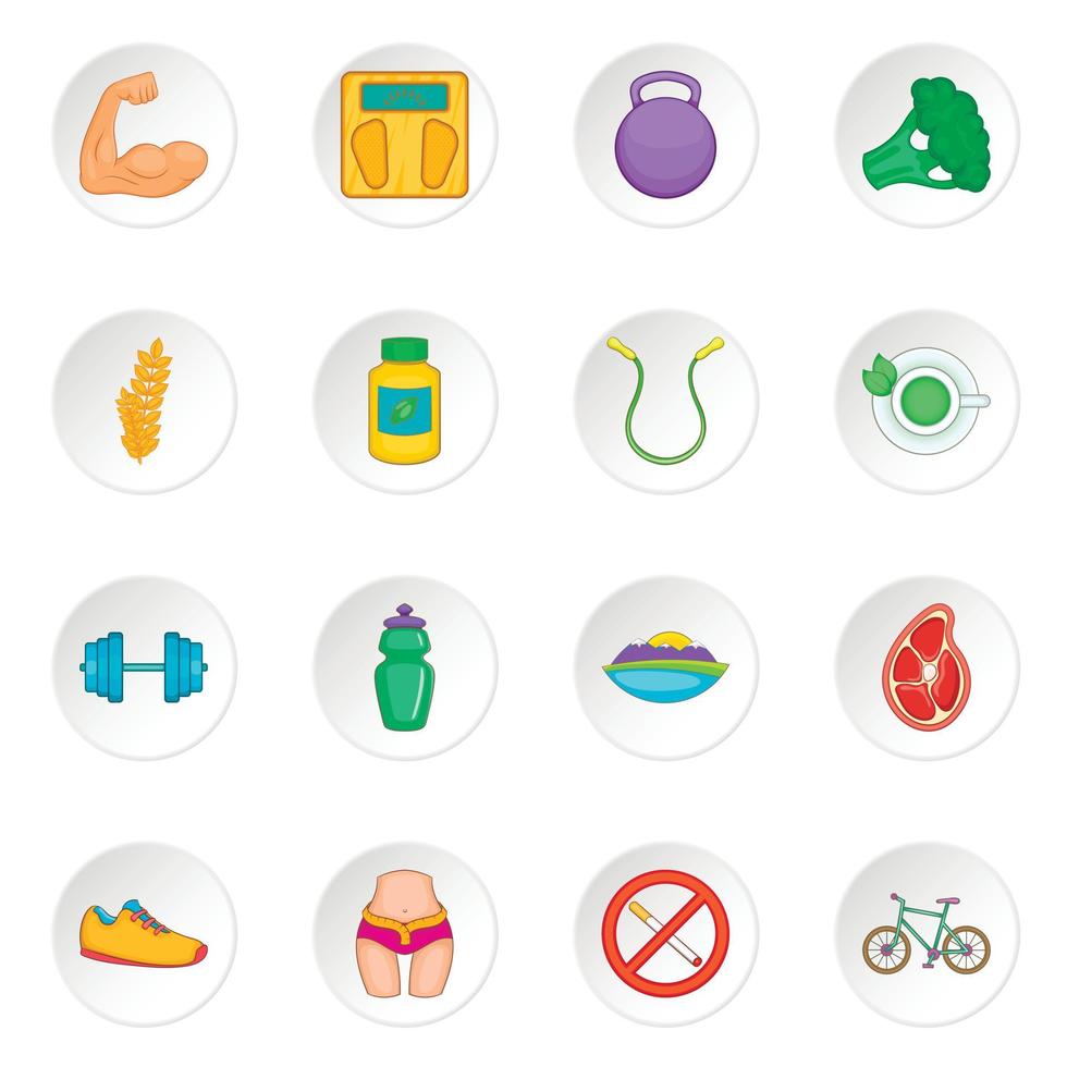 Healthy lifestyle icons set, cartoon style vector