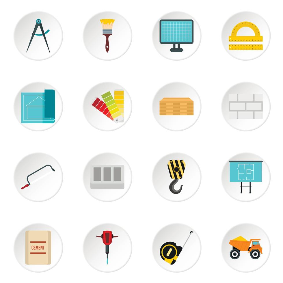 Building equipment icons set, flat style vector