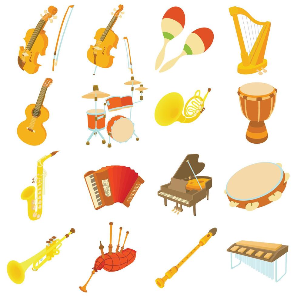 Musical instruments icons set, cartoon style vector