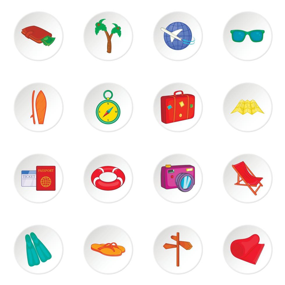 Travel icons set, cartoon style vector