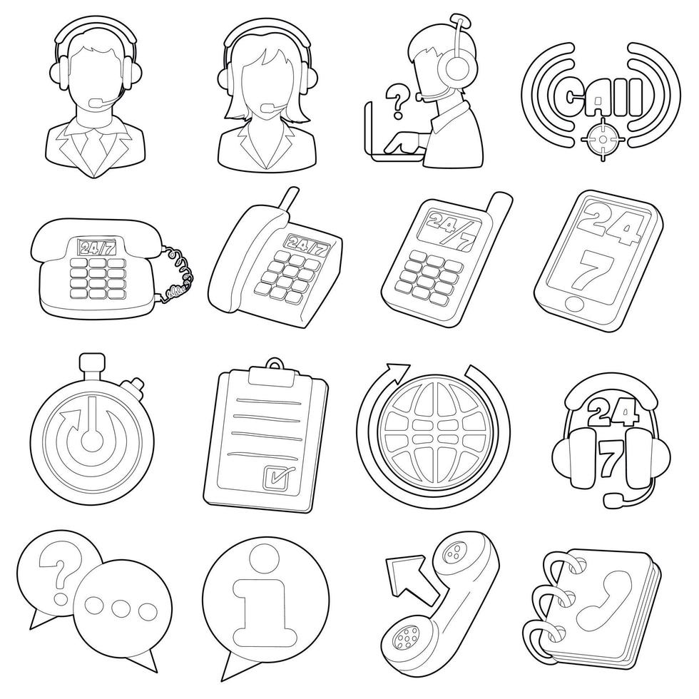 Call center items icons set, outline cartoon style vector