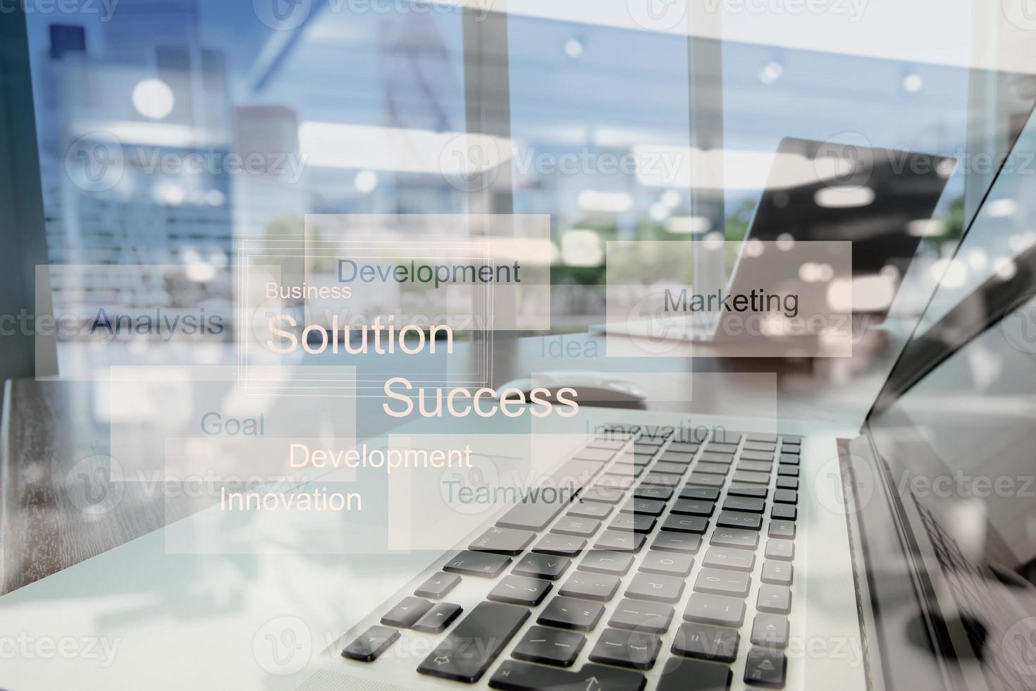 double exposure of Office workplace with laptop and smart phone on wood table photo