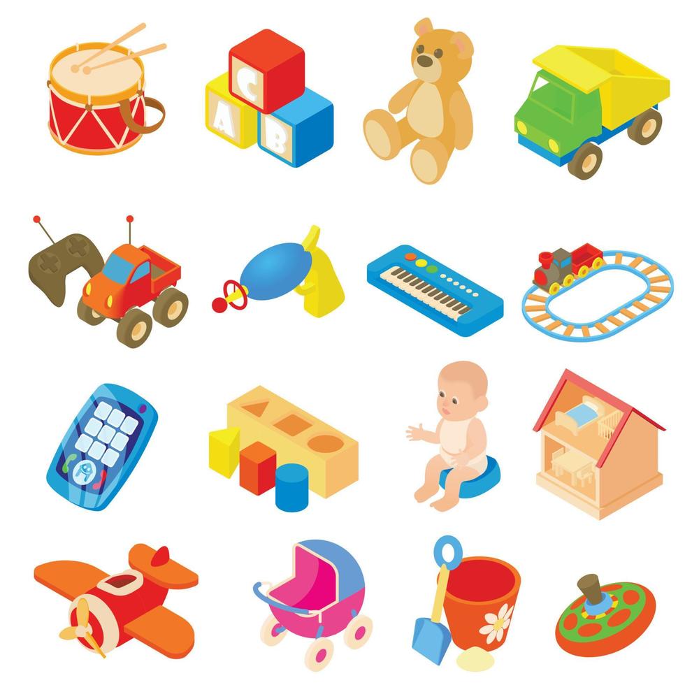 Childrens toys icons set, flat style vector