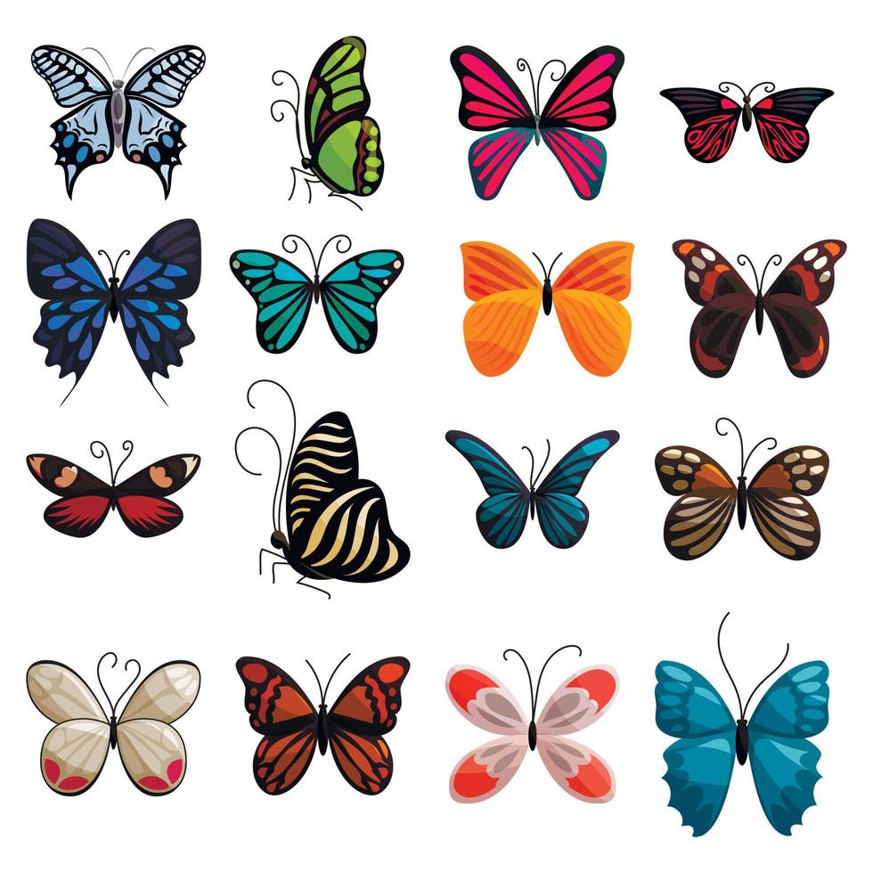 Butterfly icons set, cartoon style vector