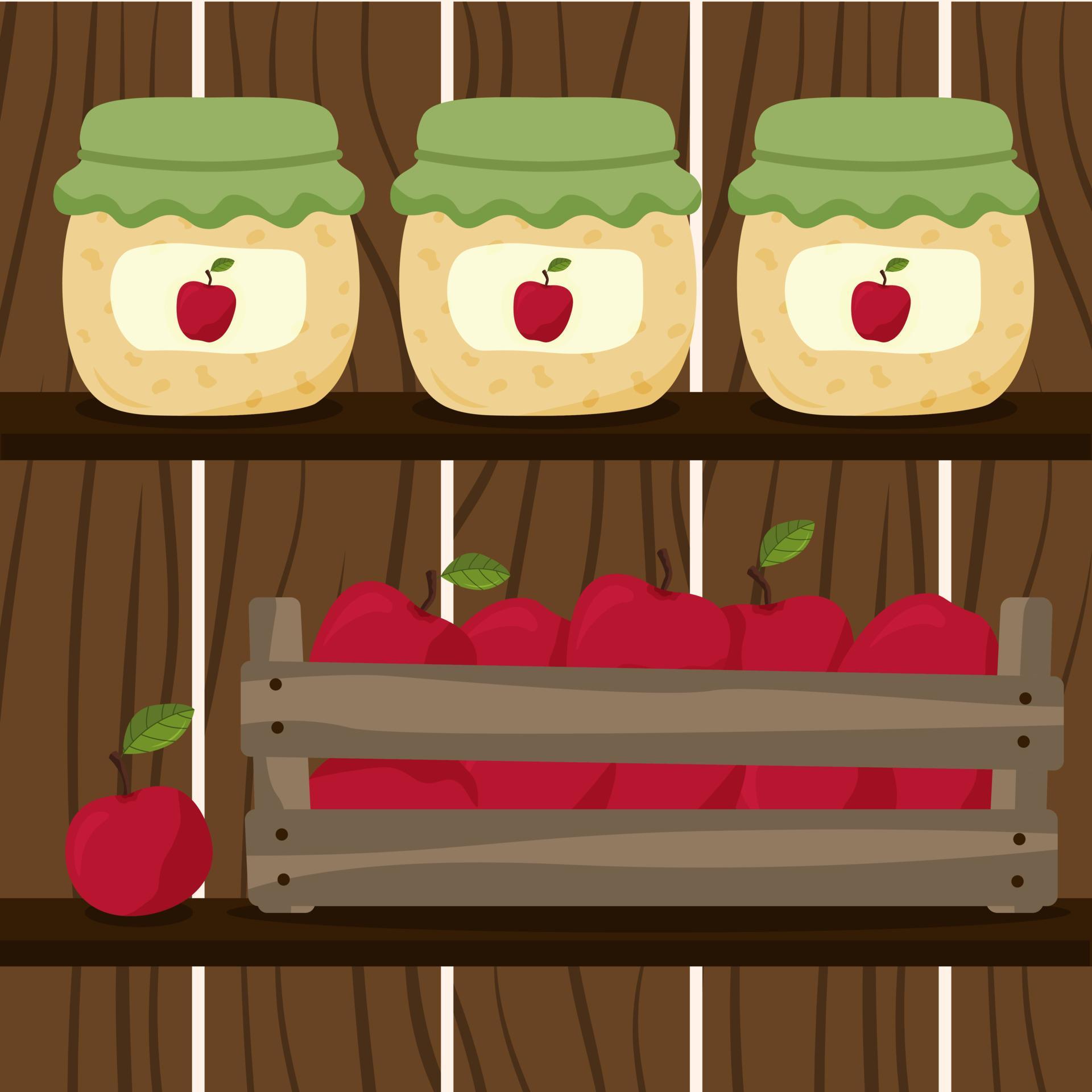 Harvest of apples in the pantry. Apple jam, box, red apple. Pantry