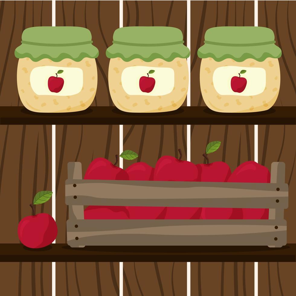 Harvest of apples in the pantry. Apple jam, box, red apple. Pantry, cellar with jam on the shelves vector