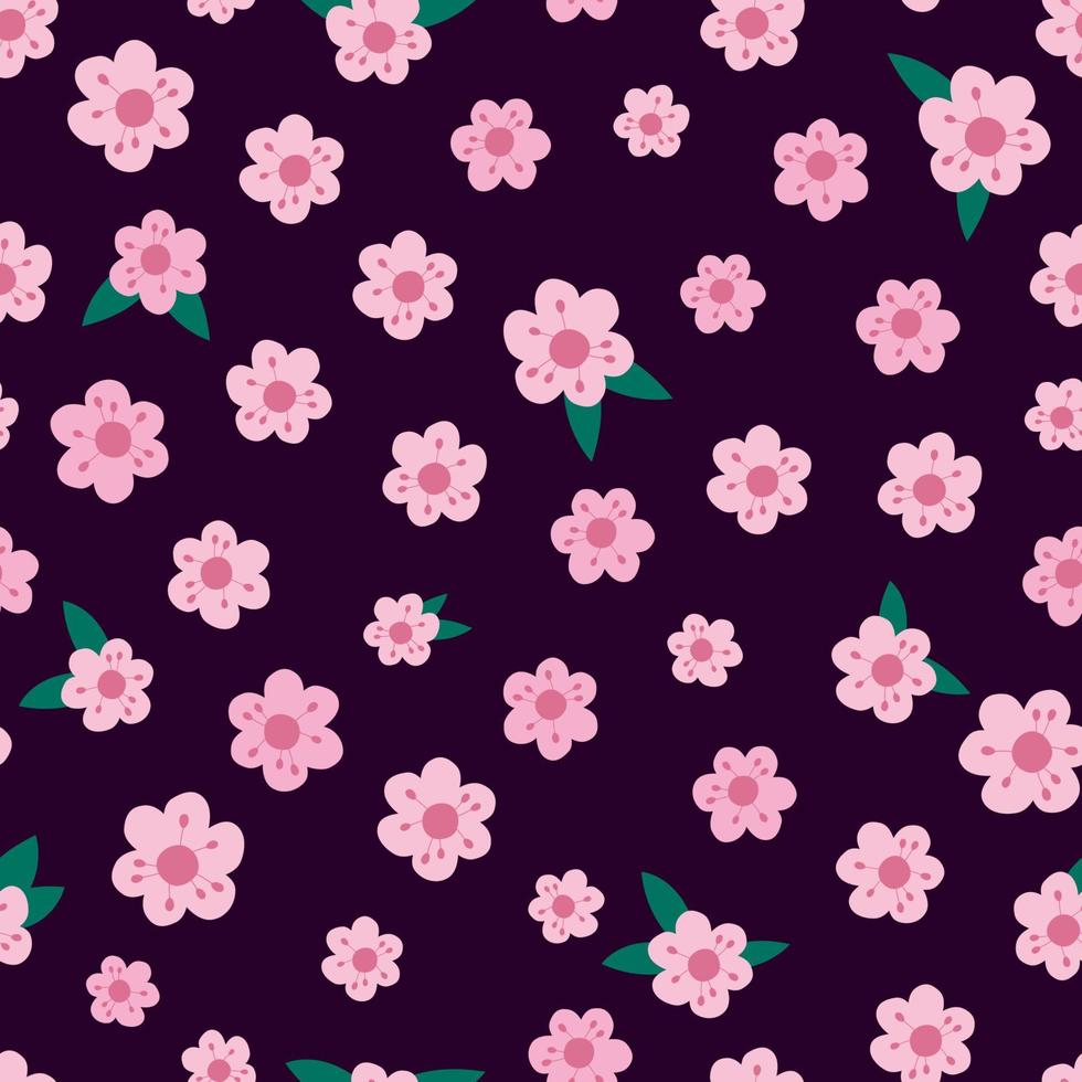 Cute pink flowers seamless pattern. Vector endless dark red background with Sakura blossom. Spring design with flat floral elements