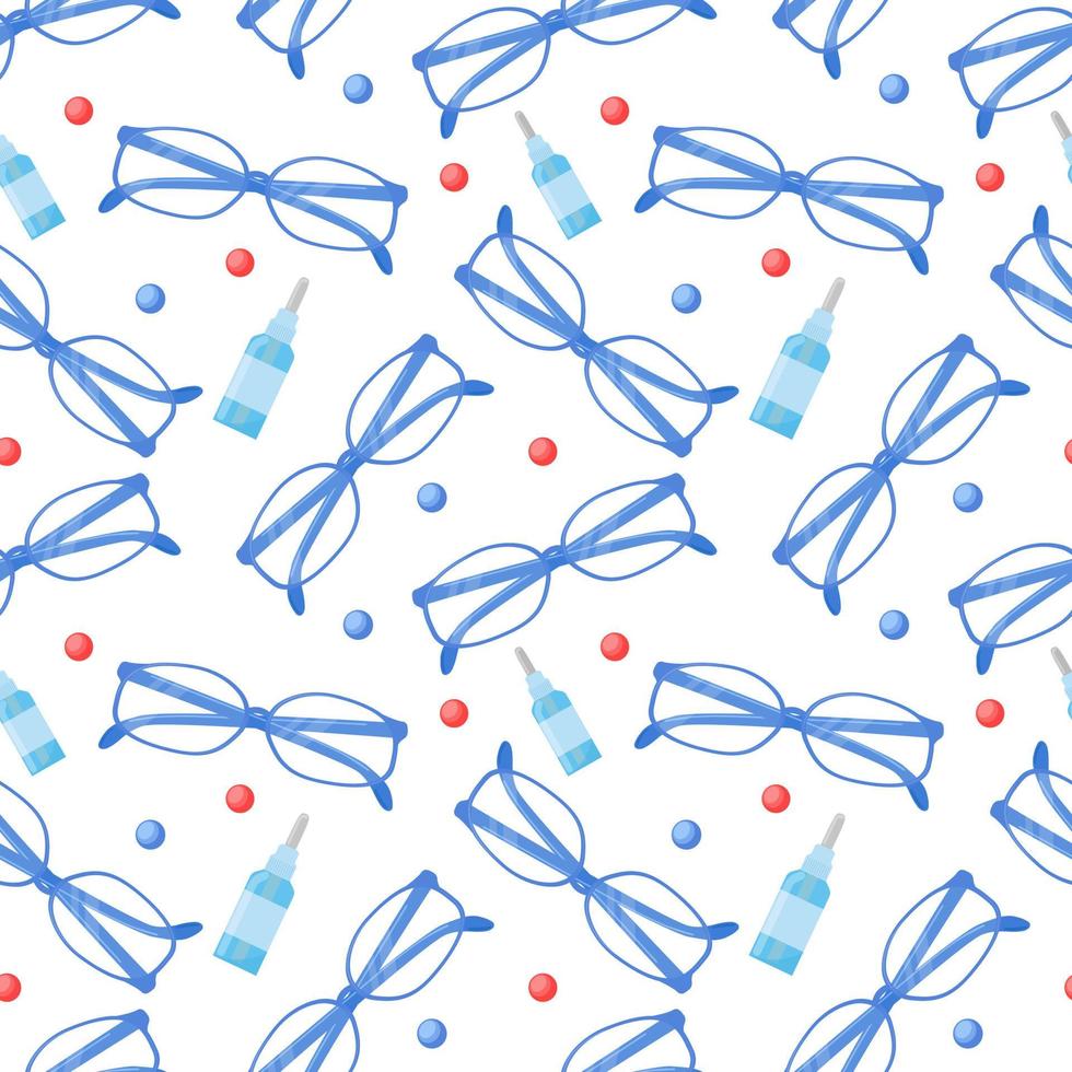Optical seamless pattern. White background with eyeglasses, vitamins for eyesight and drops. Eyeware vector pattern