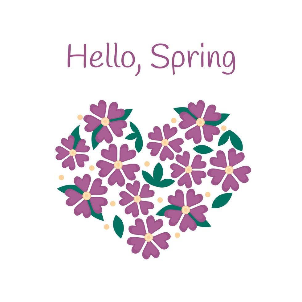 Floral heart isolated. Abstract flowers greeting card. Hello Spring text. Vector flat illustration