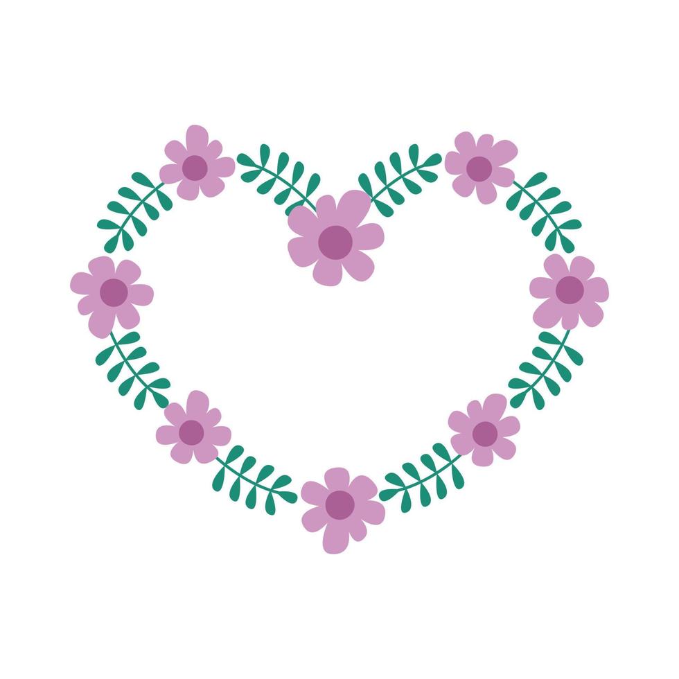 marco floral en forma de corazón. frontera con lindas flores y hojas simples. ilustración vectorial plana sobre fondo blanco vector