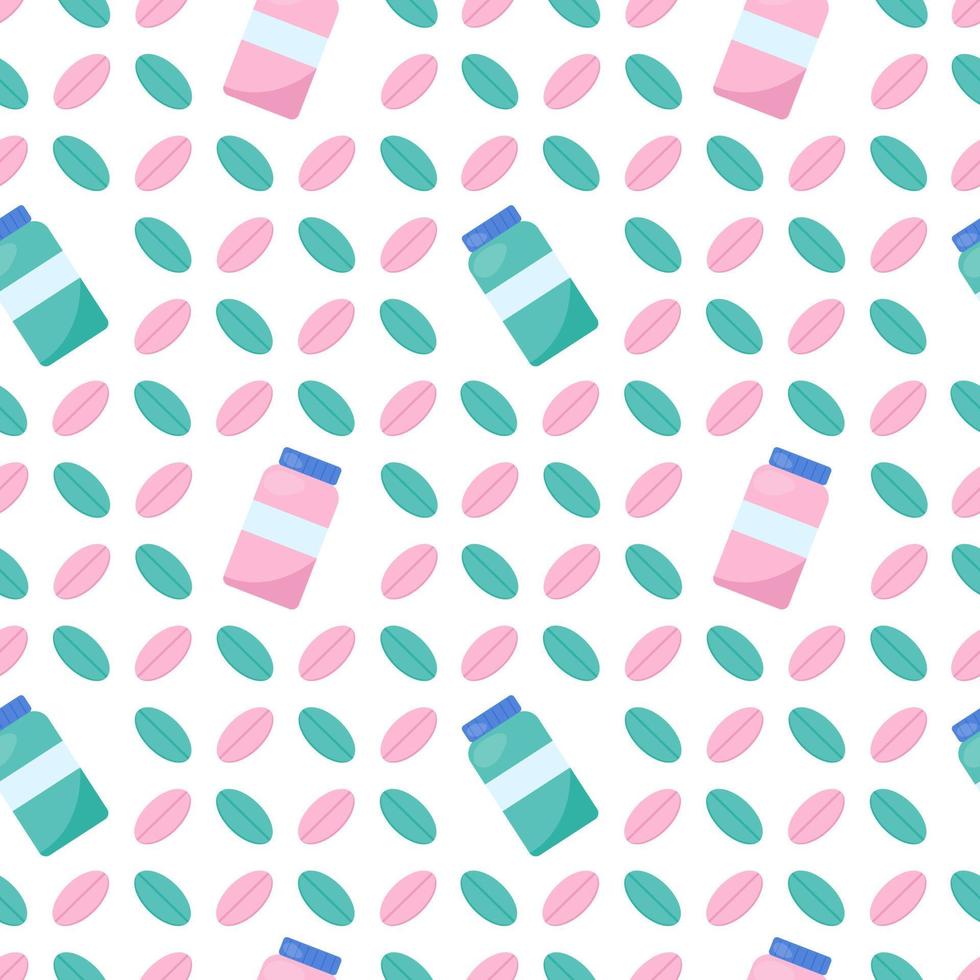 Medical seamless pattern. Pharmacy concept. Green and pink pills on white background. Vector flat illustration