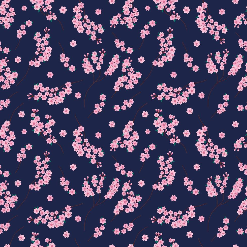 patrón sin costuras de flores de sakura. Vector interminable fondo azul oscuro con flor de sakura. diseño primaveral con elementos florales