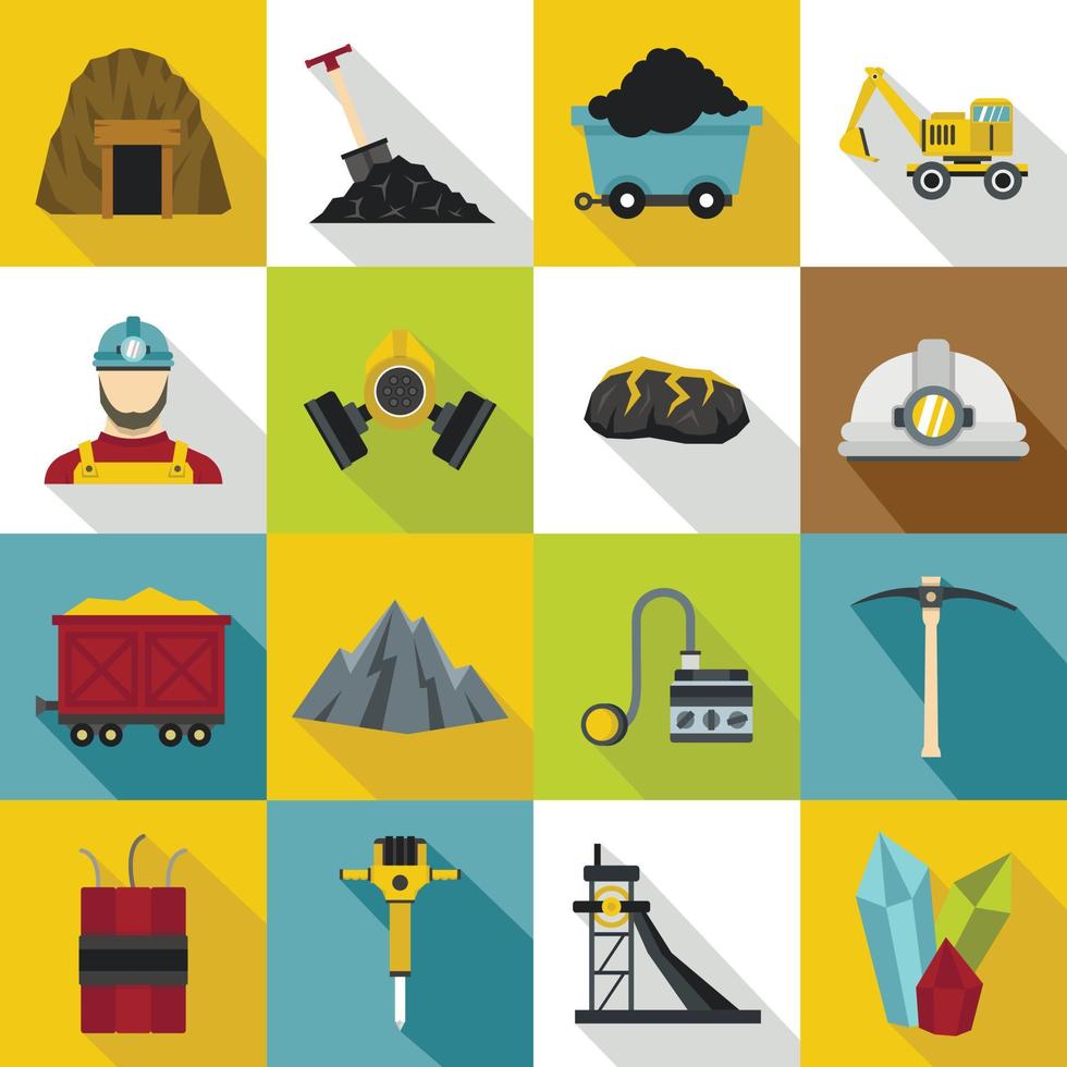 Miner icons set, flat style vector