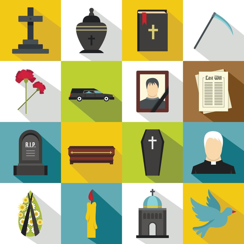 Funeral icons set, flat style vector