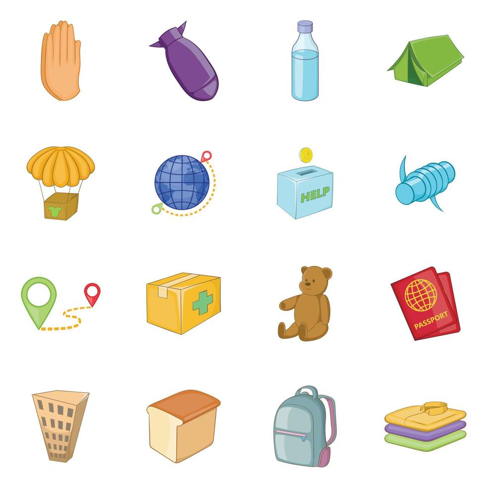 Refugees icons set, cartoon style vector