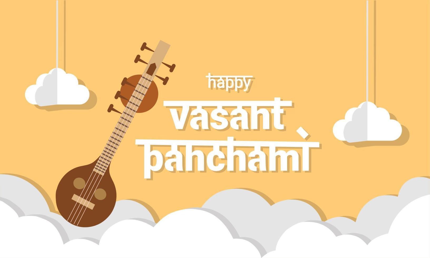 ilustración vectorial de la pancarta para la feliz celebración de vasant panchami. con nubes e instrumentos musicales indios de fondo. vector