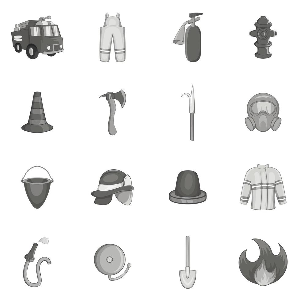 Firefighting icons set, black monochrome style vector