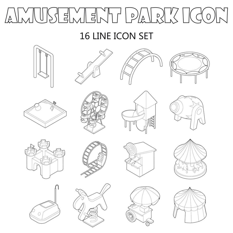 conjunto de iconos de parque de atracciones, estilo de esquema vector