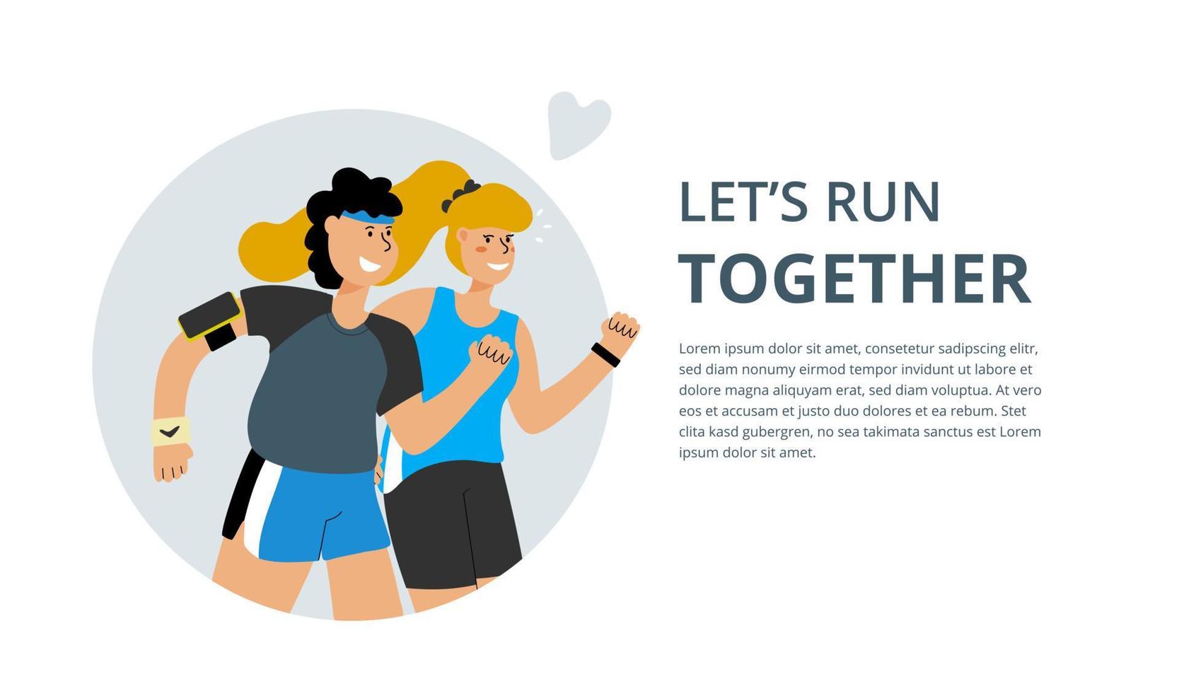 A guy and a girl are running. Active lifestyle. Running together. Vector flat illustration.