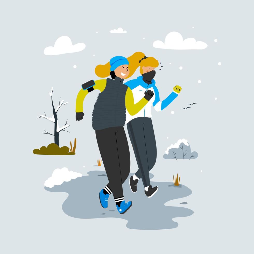 A man and a woman are running in the park. Sports in the cold season. Vector flat illustration.