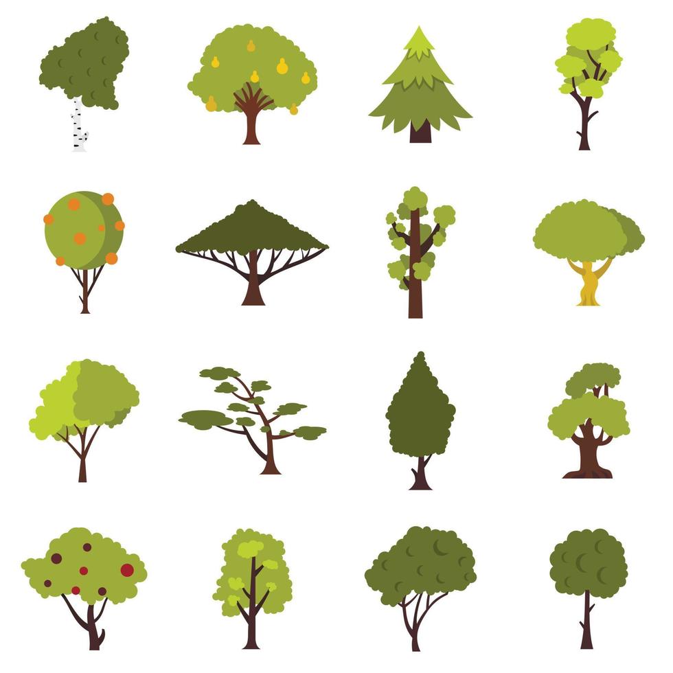 Green tree icons set, flat style vector