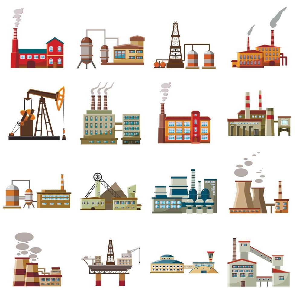 Factory icons set, cartoon style vector