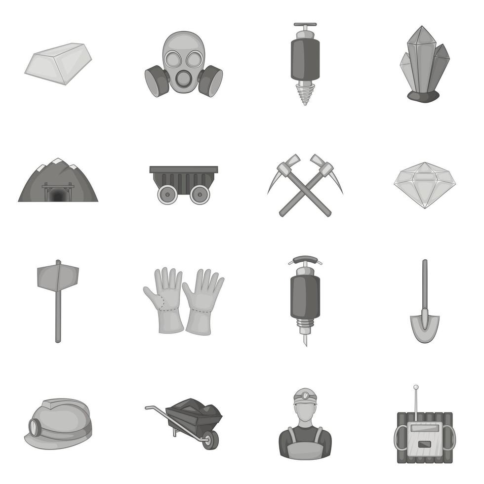 Mining icons set, black monochrome style vector