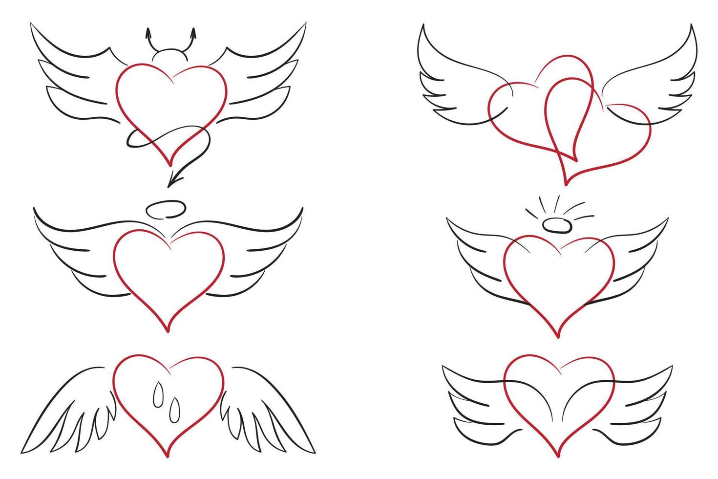 Collection of hand drawn hearts with wings vector