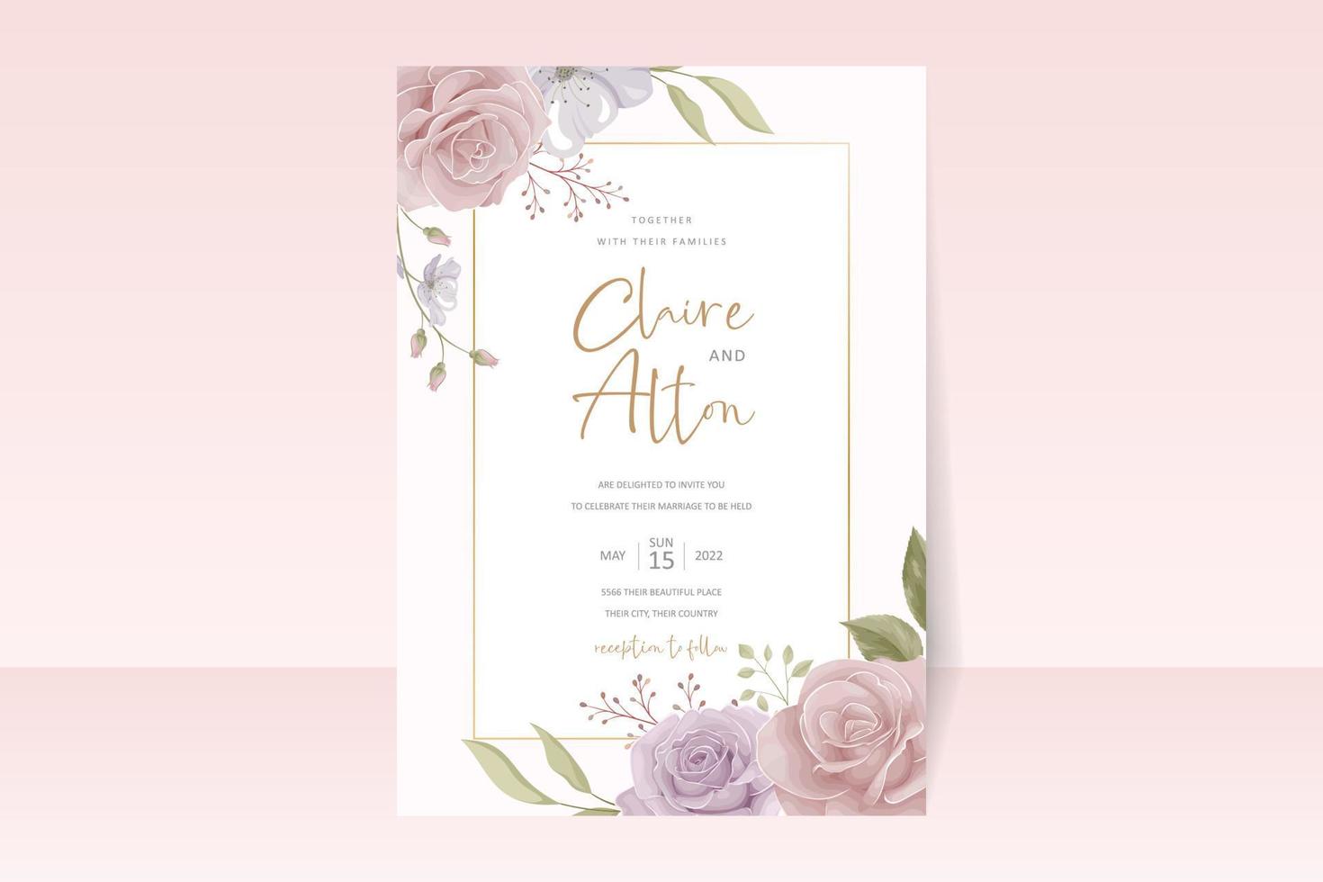 plantilla de invitación de boda con diseño de flor rosa vector