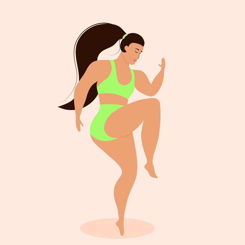 Plus size woman in swimsuit doing exercise. Body positive, fitness, sport concept. vector