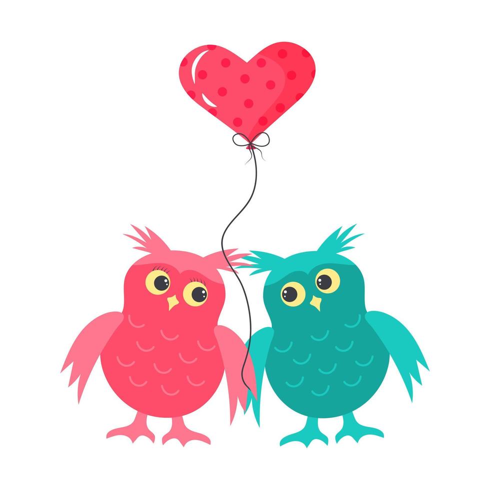 A pair of cute owls in love and heart shaped balloon. vector