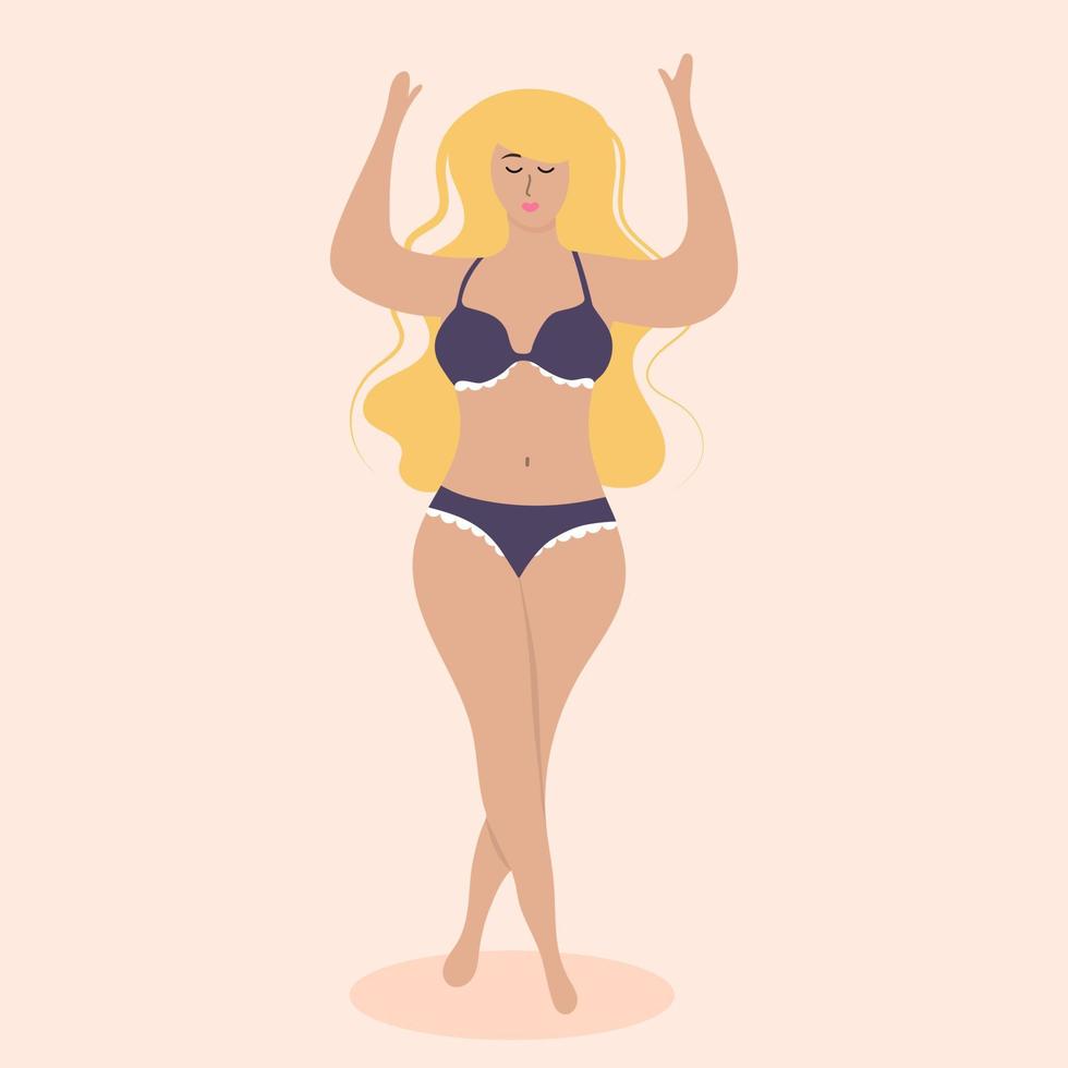 Plus size blond woman in swimsuit with arms up. Body positive, accepting and loving full figure concept. vector