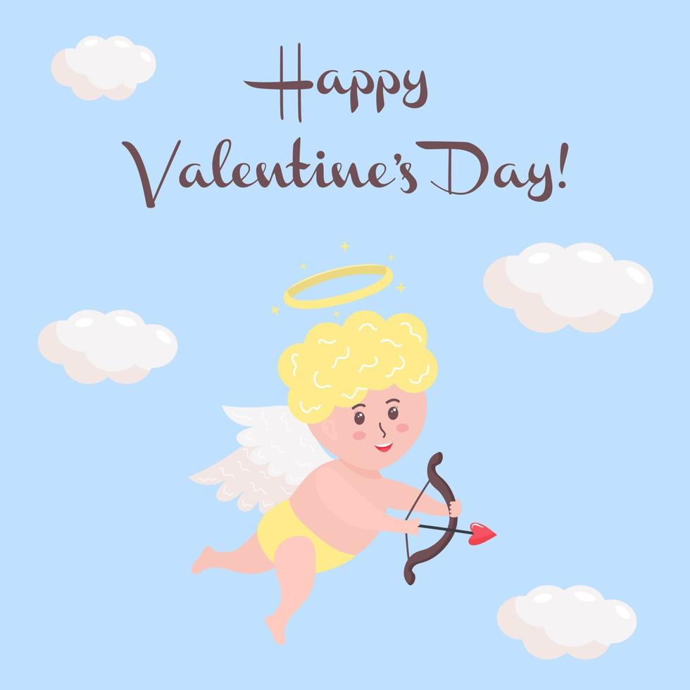 Cute cupid baby with heart arrow, bow and halo. Cherub character with angel wings is flying among clouds. vector