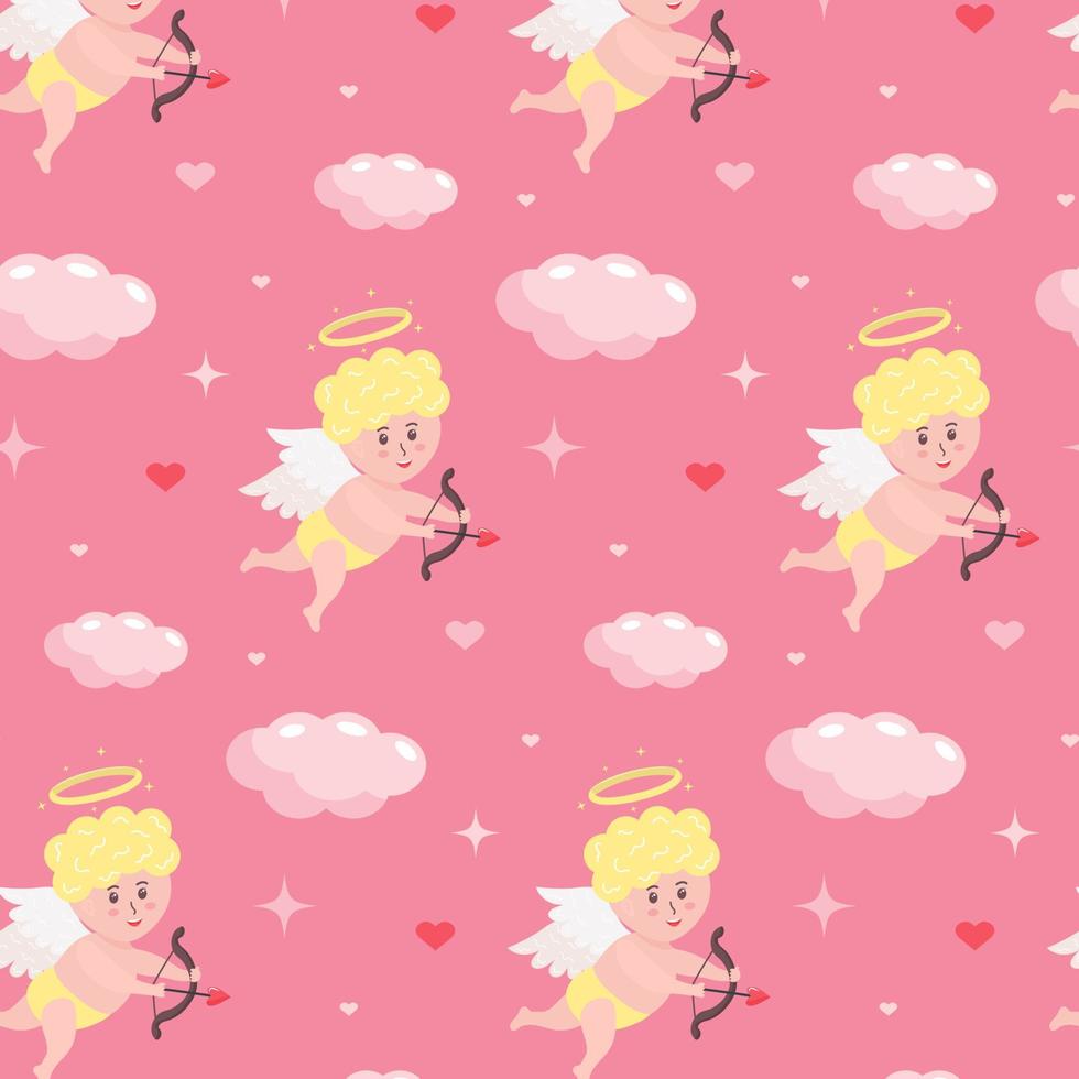 Seamless pattern with cupid baby, clouds, hearts and stars on pink  background. 5317061 Vector Art at Vecteezy
