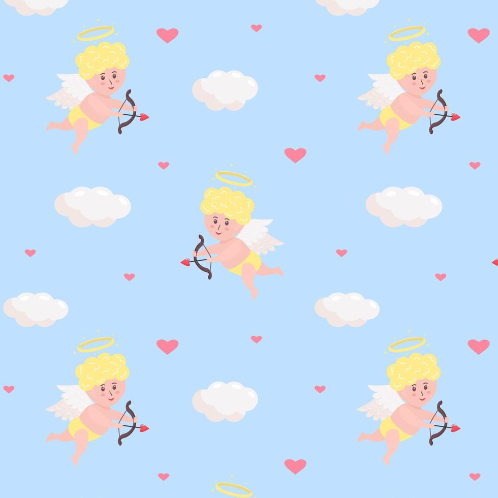 Seamless pattern with cute cupid baby, clouds and hearts on blue background. vector