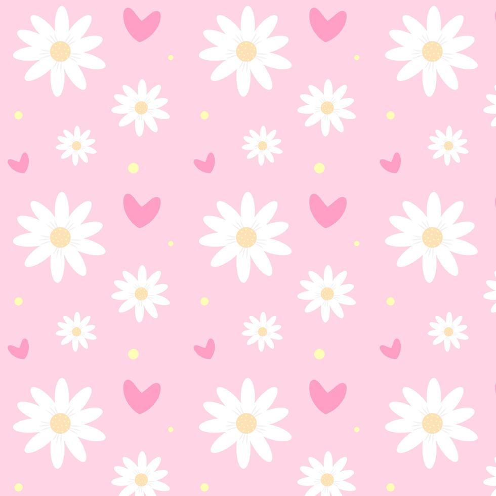 Seamless pattern with chamomiles, hearts and dots on pink background. Great for textile, fabric prints, wrapping paper. vector