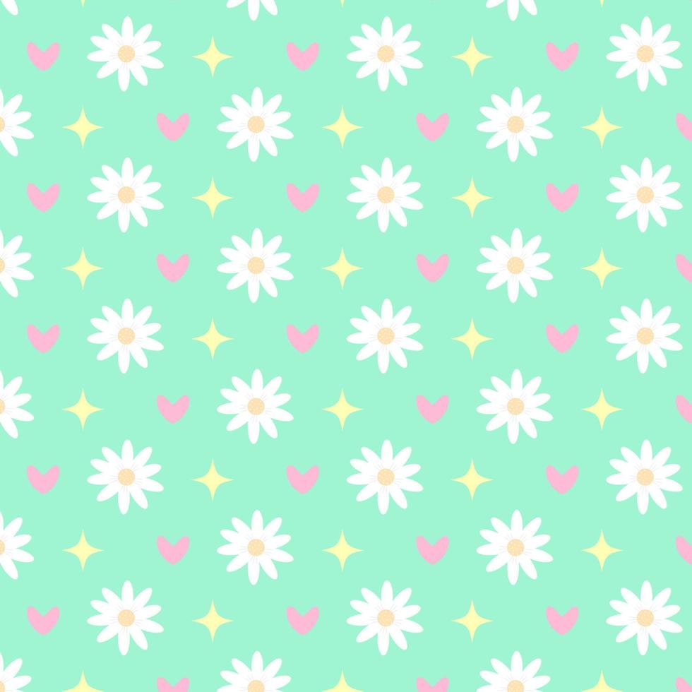 Seamless pattern with chamomiles, hearts and stars on green background. Great for textile, fabric prints, wrapping paper. vector