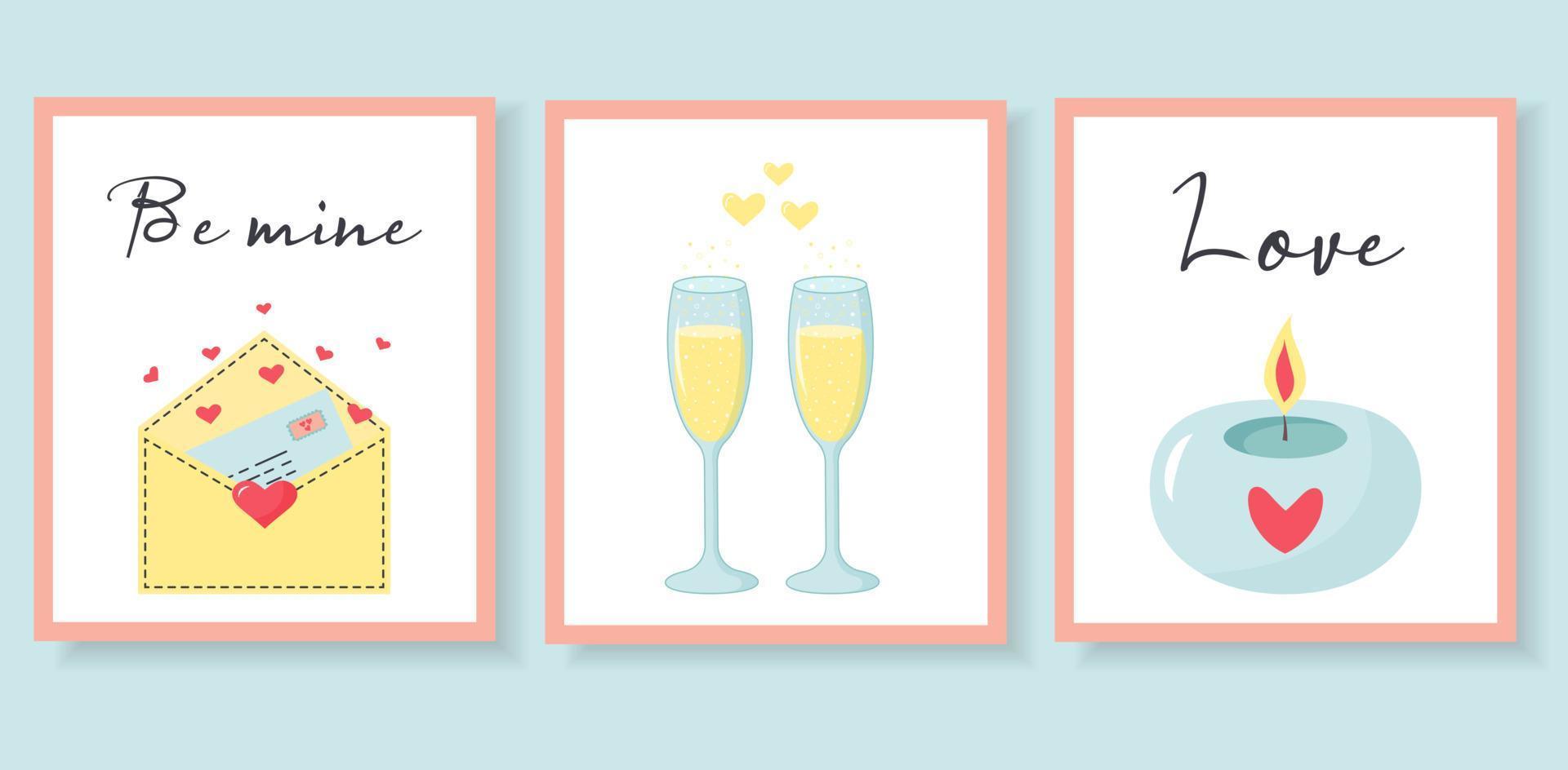 tarjetas de felicitación del día de san valentín con sobre de amor, copas de champán y velas con corazón. lindas letras de amor. vector