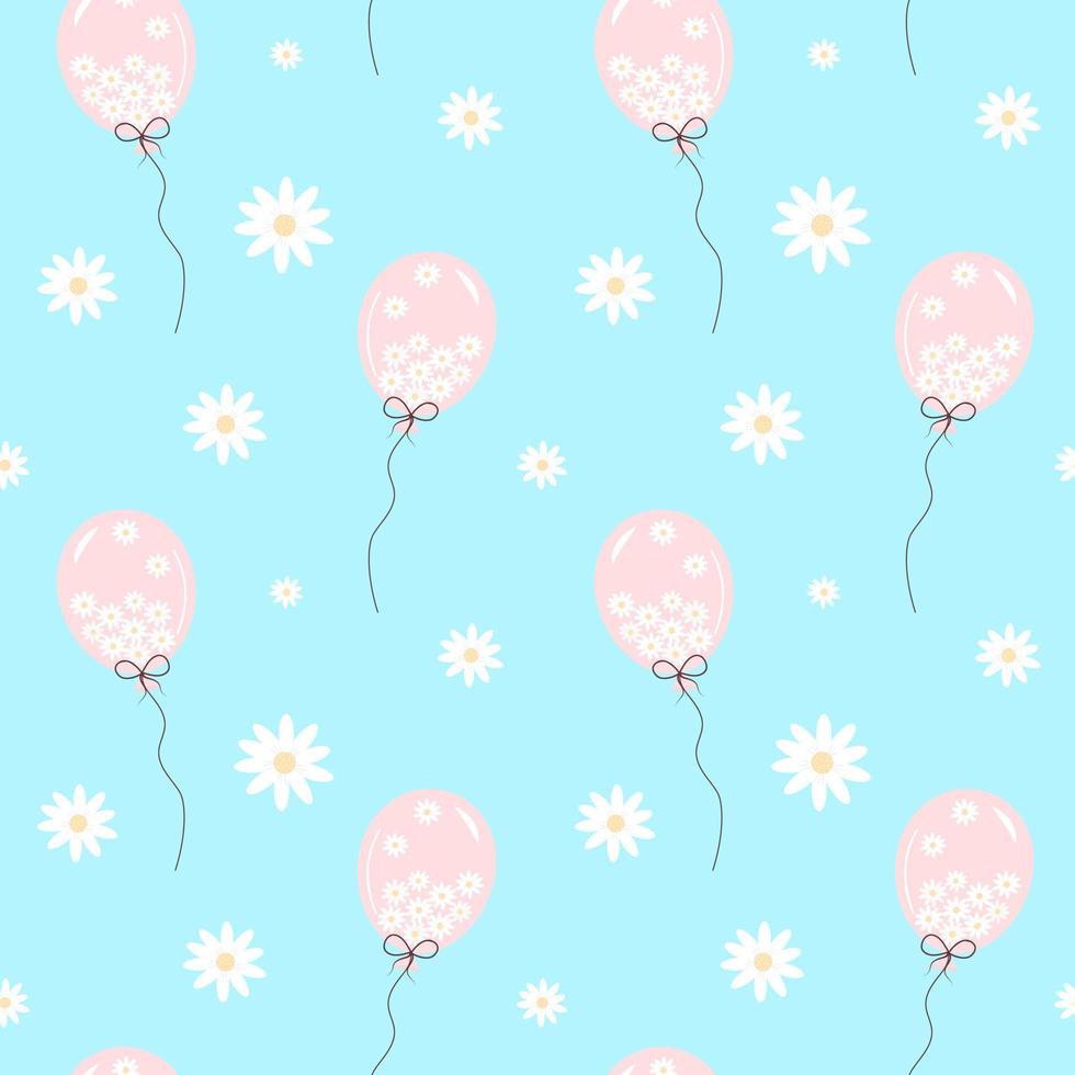 patrón impecable con chamomiles y globos de gel llenos de chamomiles sobre fondo azul. ideal para textiles, estampados de tela, papel de regalo. vector