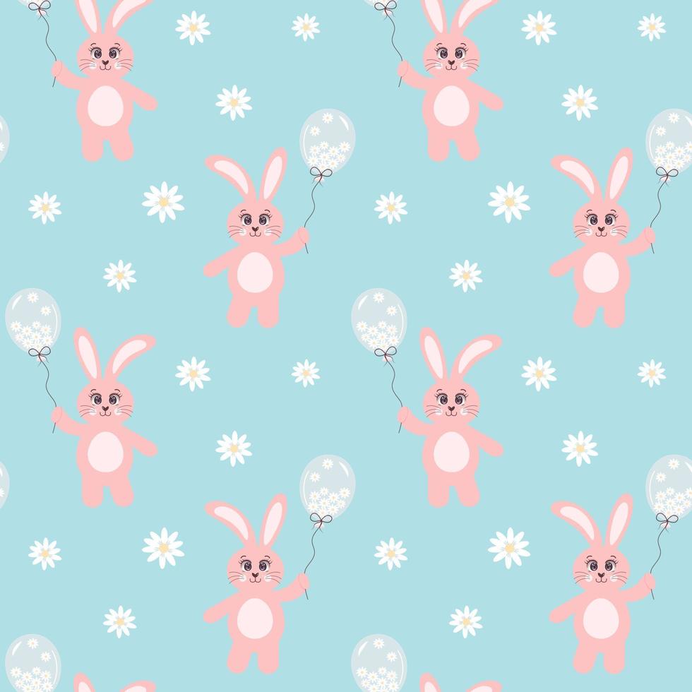 Seamless pattern with pink bunny holding a balloon full of chamomiles on blue background. vector