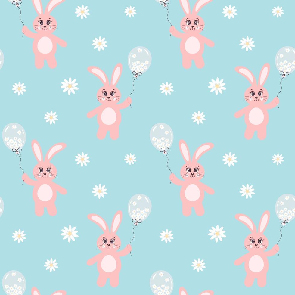 Seamless pattern with pink bunny holding a balloon full of chamomiles on blue background. vector