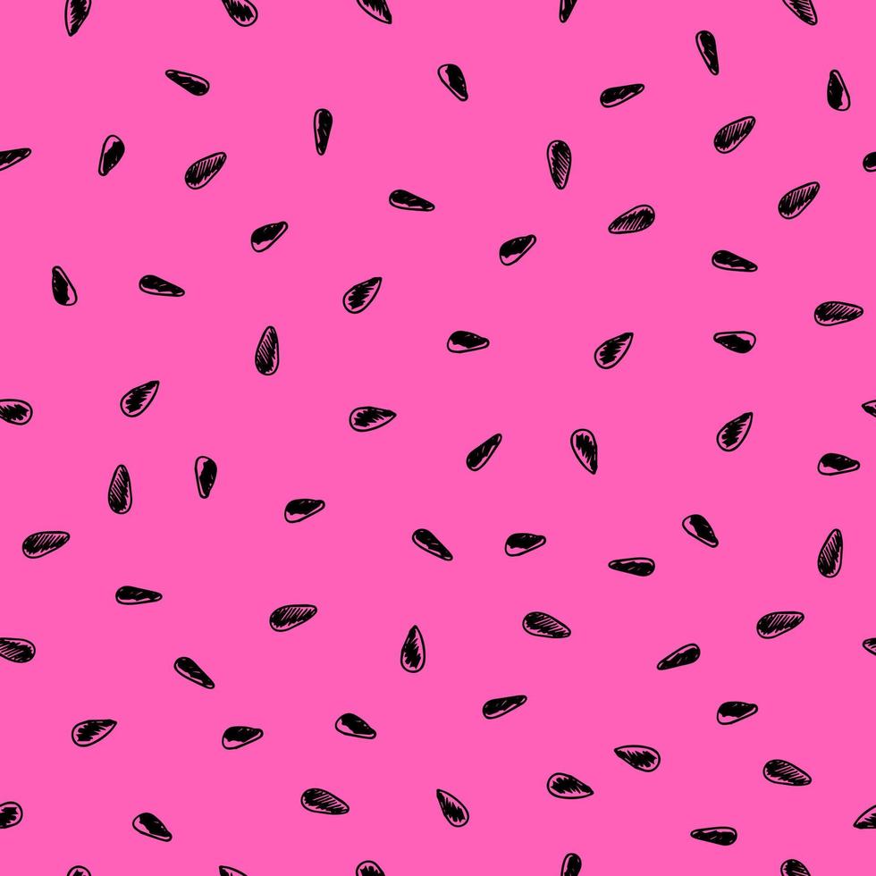 Seamless pattern with hand drawn watermelon's seeds vector illustration. Summer, bright, party fabric texture with seeds on isolated pink background.