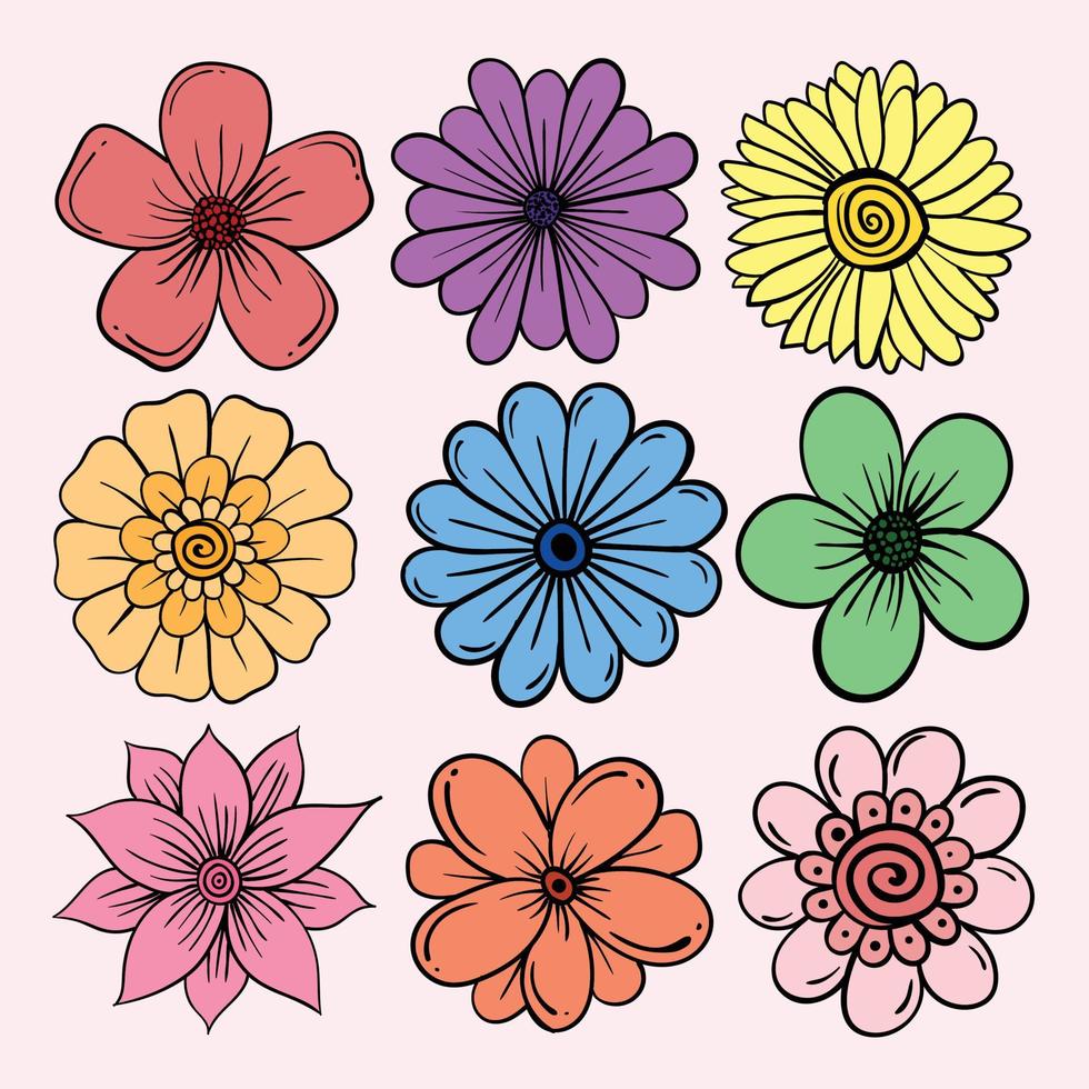 flores de colores doodle conjunto ilustración vector premium