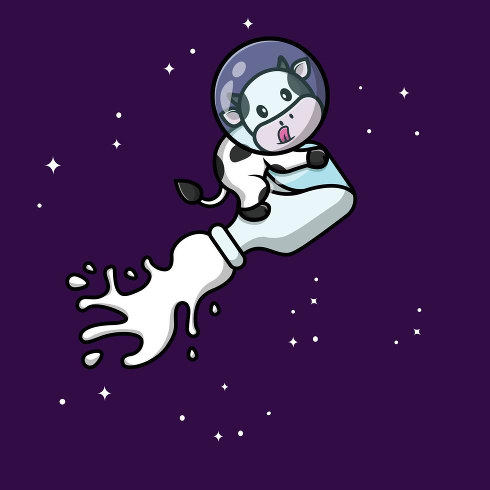Cute Cow Flying With Milk Bottle On Space Cartoon Vector Icon Illustration. Science Animal Icon Concept Isolated Premium Vector. Flat Cartoon Style