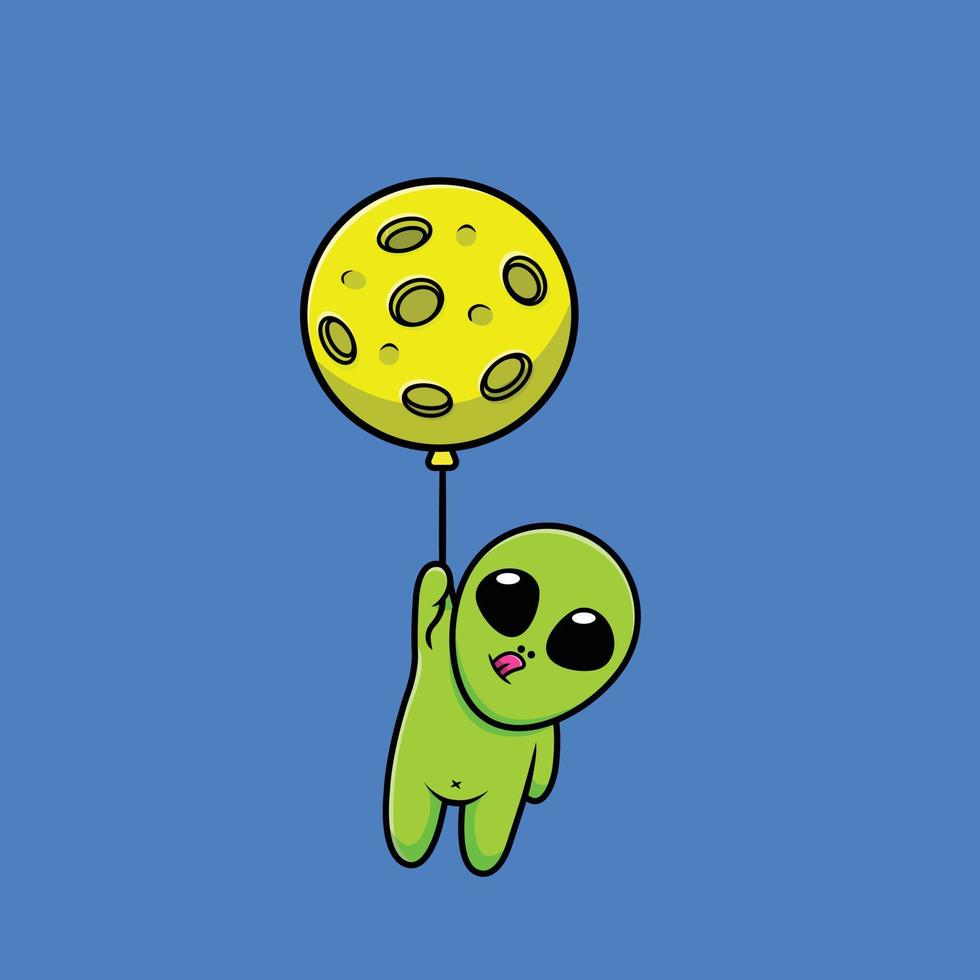 lindo alienígena flotando con la ilustración de icono de vector de dibujos animados de globo de luna. ciencia fantasía icono concepto aislado vector premium. estilo de dibujos animados plana