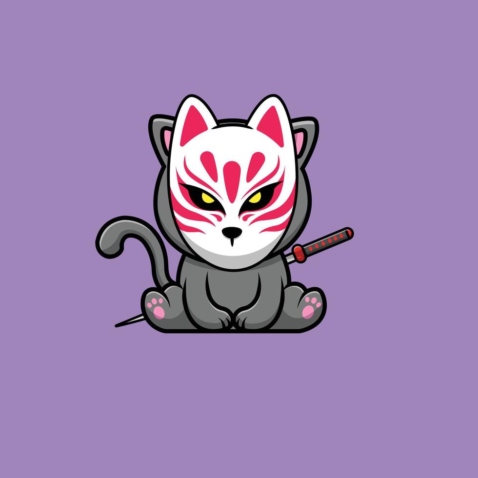 Cute Kitsune Cat With Katana Cartoon Vector Icon Illustration. Animal Icon Concept Isolated Premium Vector. Flat Cartoon Style
