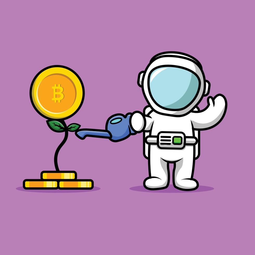 Cute Astronaut Watering Bitcoin Plant Cartoon Vector Icon Illustration. Science Finance Icon Concept Isolated Premium Vector. Flat Cartoon Style