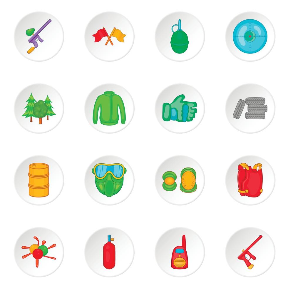 Paintball icons set, cartoon style vector